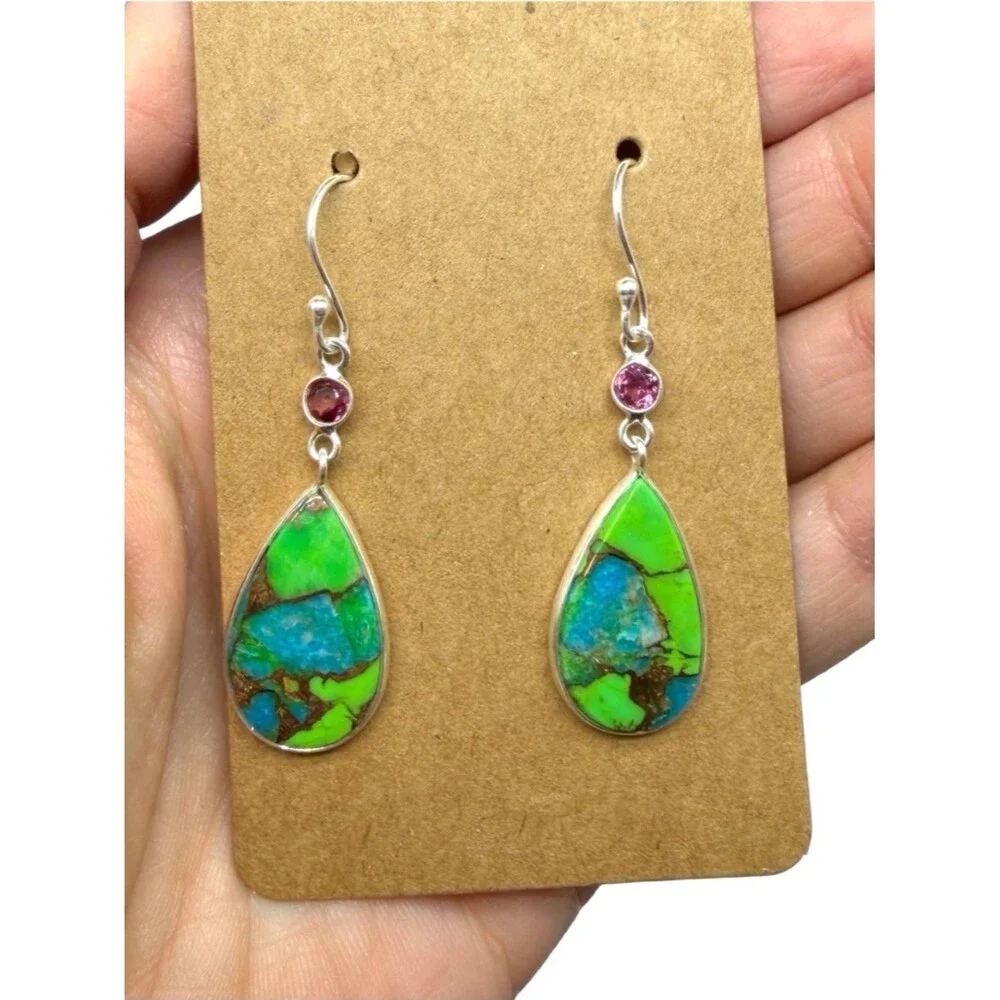 Kingman Green Turquoise Garnet Earrings Solid 925 Sterling Silver Dangle Drop - Picture 2 of 4
